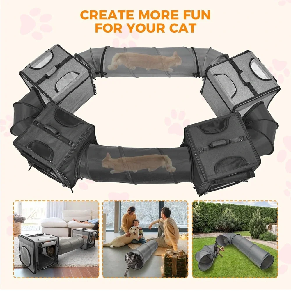 2-in-1 Double Collapsible Carrier for 2 Cats🐈Car w PlayTunnelsLitterBox&Hammock